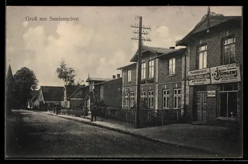 AK Sandesneben i. Lbg., Strassenpartie mit Manufakturwaren Stüwe, Mahrdt & Kock, Schuh- u. Sporthaus C. H. Jürgens