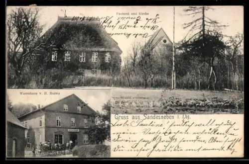 AK Sandesneben i. Lbg., Warenhaus v. H. Harms, Pastorat und Kirche