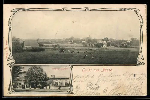 AK Nusse, Siemers Gasthof, Ortsansicht mit Kühen auf der Weide