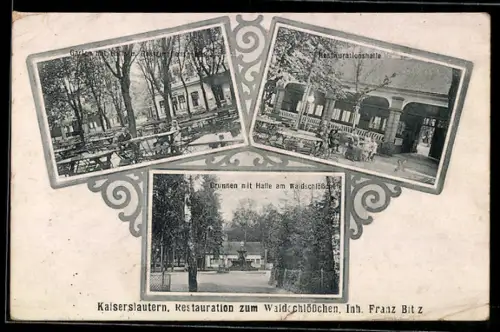 AK Kaiserslautern, Gaststätte Zum Waldschlösschen, Inh. Franz Bitz, Brunnen mit Halle, Restaurationshalle und Garten