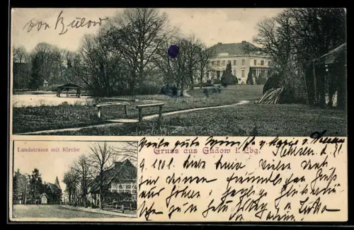AK Gudow i. Lbg., Gesamtansicht Schloss, Landstrasse mit Kirche