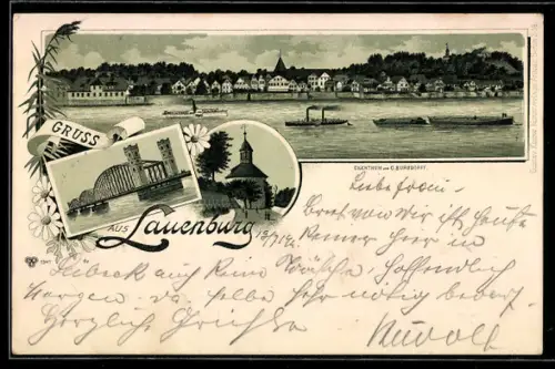 Lithographie Lauenburg / Elbe, Blick von der Elbe auf den Ort, Dampfer, Brücke