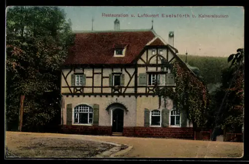 AK Eselsfürth /Kaiserslautern, Gasthof Restauration-Luftkurort Eselsfürth J. Krehbiel mit Strasse