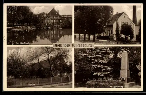 AK Hollenbek b. Ratzeburg, Kriegerdenkmal, Molkerei, Schule und Teich
