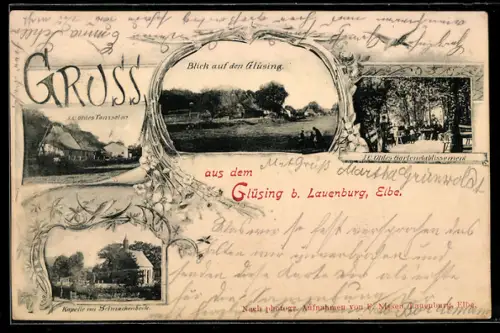 AK Lauenburg /Elbe, Gasthaus Glüsing mit Garten und Tanzsalon, Inh. J. C. Ohle, Kapelle von Schmackenbeck