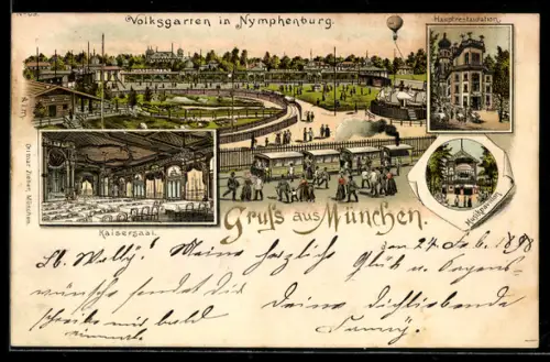Lithographie München, Volksgarten in Nymphenburg, Kaisersaal, Hauptrestauration, Konzertpavillon