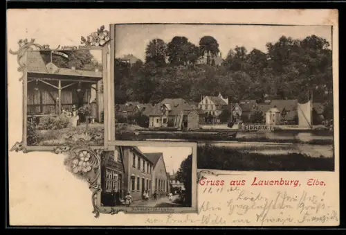 AK Lauenburg /Elbe, Bahnhofs-Hotel Körting, Gaststätte Körting`s Elbhalle, Ortspartie