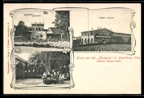 AK Lauenburg /Elbe, Gaststätte Maxburg, Inh. August Heine, mit Garten, Kegelbahn und Tanzsalon