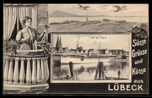 AK Lübeck, Partie an der Trave, Vogel bringt der jungen Frau einen Brief