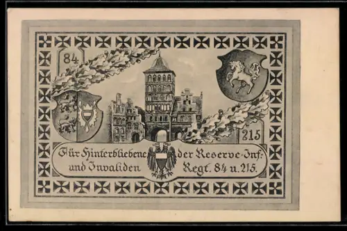 AK Lübeck, Für Hinterbliebene der Reserve-Infanterie und Invaliden des Regt. 84 u. 2150, Wappen und Villa