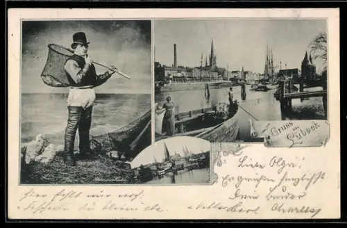 AK Lübeck, Schlutuper Fischer mit geschultertem Netz und Teilansicht des Ortes
