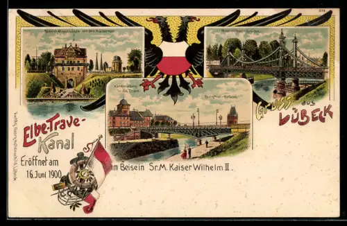 Lithographie Lübeck, Navigationsschule m. d. Kaiserhof, Elbe-Trave-Kanal eröffnet 1900