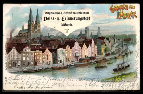 Lithographie Lübeck, Travepartie mit Blick auf die Stadt, im Gegenlicht