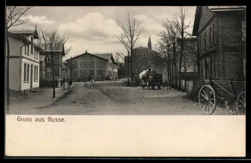 AK Nusse, Ortspartie mit Kirche in der Ferne