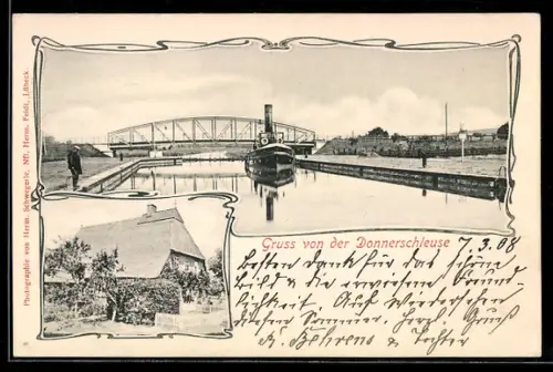 AK Neu-Lankau, Donnerschleuse, Wasserpartie mit Schiff und Gasthaus