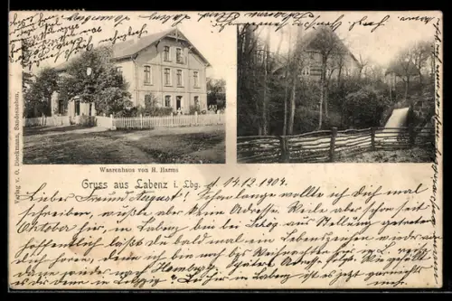 AK Labenz i. Lbg., Warenhaus von H. Harms und Bachpartie