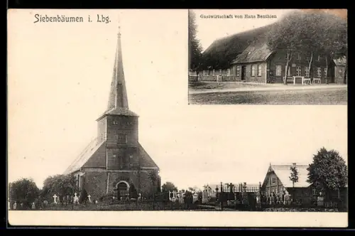 AK Siebenbäumen i. Lbg., Partie vor der Kirche mit Friedhof und Gasthaus von Hans Benthien