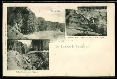 AK Ratzeburg, Partie am grossen See, Ankunft einer Lokomotive mit leeren Wagen, Bahnbau