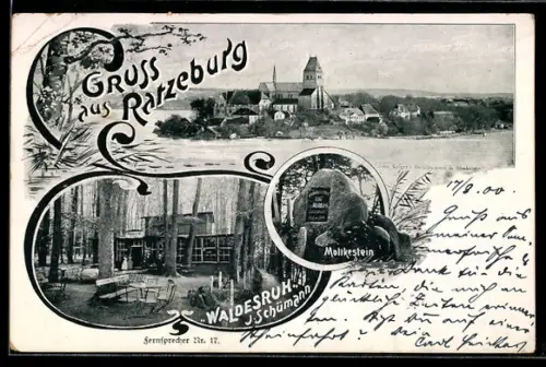 AK Ratzeburg, Gasthof Waldesruh, Moltkestein, Ortsansicht