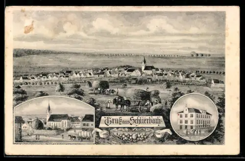 AK Schlierbach / Teck, Rathaus, Teilansicht mit Kirche und Kutsche, Totale