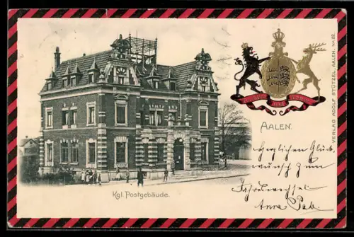 Passepartout-Lithographie Aalen, Partie am Königlichen Postgebäude, Wappen des Königreichs Württemberg