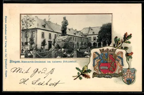 Passepartout-Lithographie Siegen, Partie am Bismarck-Denkmal im unteren Schlosshof mit Wappen