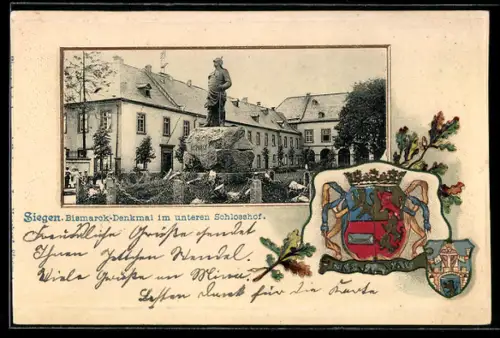 Passepartout-Lithographie Siegen, Bismarck-Denkmal im unteren Schlosshof und Wappen