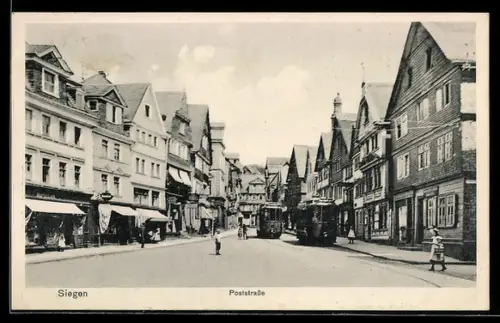 AK Siegen, Partie in der Poststrasse mit Strassenbahnen