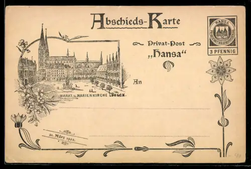 AK Lübeck, Partie am Markt mit Marienkirche, Abschiedskarte der Privat-Post Hansa, Ansichtskartengeschichte