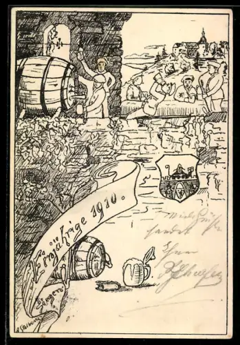 Künstler-AK sign. A. Stolberg: Siegen, Absolvia 1910 mit biertrinkenden Studenten am Fass und bei Tisch