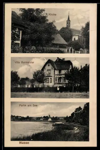AK Nusse, Kirche, Villa Burmeister mit Gartenanlage und Partie am See