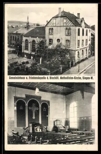 AK Siegen, Gemeindehaus und Friedenskapelle der Bischöflichen Methodisten-Kirche, Innen und Aussen