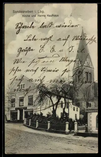 AK Sandesneben i. Lbg., Kirche und Harms Kaufhaus mit Gartenanlage