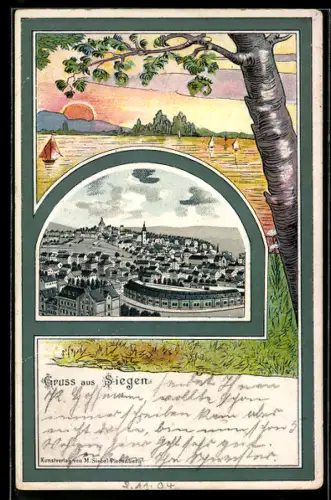 Lithographie Siegen, Totalansicht des Ortes und aufgehende Sonne über einem See