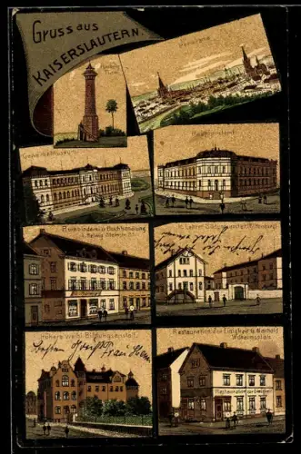 Lithographie Kaiserslautern, Panorama, Gewerbe-Museum und Buchbinderei von L. Helweg