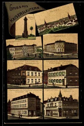 Lithographie Kaiserslautern, Panorama, Humberg-Turm und Gewerbe-Museum