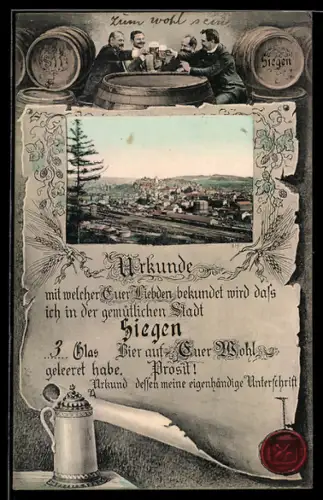 AK Siegen, Totalansicht und Trinkurkunde mit fröhlichen Männern