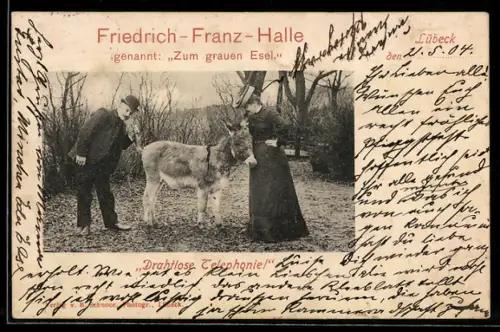 AK Lübeck, Paar mit Esel, Friedrich-Franz-Halle / Zum grauen Esel