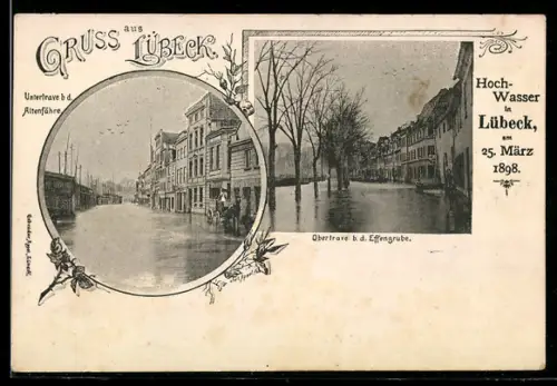 AK Lübeck, Hochwasser März 1898, Ober- und Untertrave