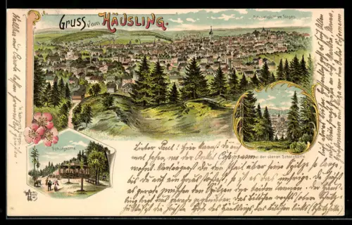 Lithographie Siegen, Schutzhütte auf dem Häusling, Blick auf die Stadt