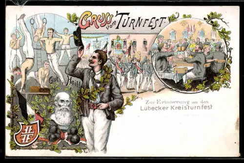 Lithographie Lübeck, Lübecker Kreisturnfest, Turner mit Eichenlaubkranz