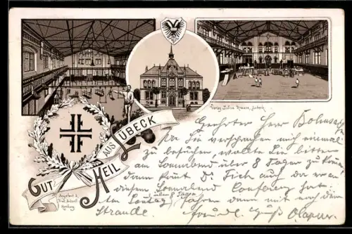 Lithographie Lübeck, Turnhalle von innen u. aussen