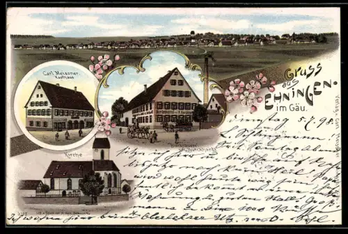 Lithographie Ehningen im Gäu, Carl Meissner Kaufhaus, Bierbrauerei v. R. Birckhardt, Kirche