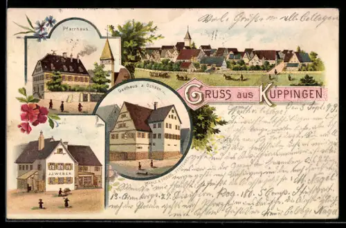 Lithographie Kuppingen, Pfarrhaus, Gasthaus z. Ochsen und Handlung J.J. Weber