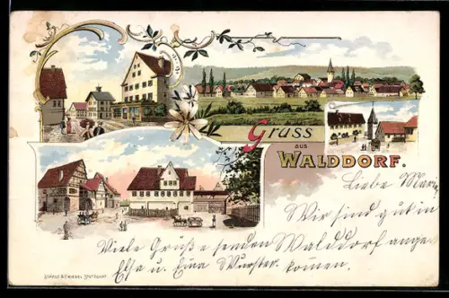 Lithographie Walddorf, Totalansicht, Ortspartie mit Warengeschäften, Platz