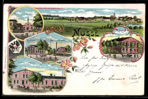 Lithographie Nusse, Püst`s Gasthaus, Siemers Gasthaus, Kaufmannsladen Schwartz und Molkerei