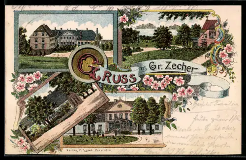 Lithographie Gr. Zecher, Villa im Ort, Blick zum See