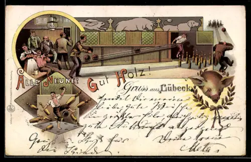 Lithographie Lübeck, Männer beim Kegeln in einem Gasthaus