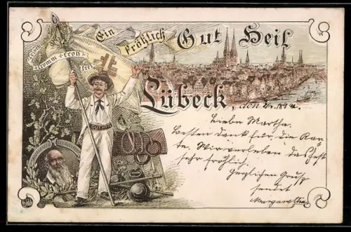 Lithographie Lübeck, Teilansicht, Turner mit Fahne, Portrait von Turnvater Jahn