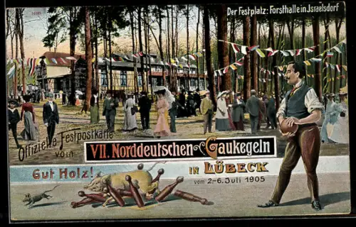 AK Lübeck, VII. Norddeutsches Gaukegeln, Der Festplatz: Forsthalle in Israelsdorf